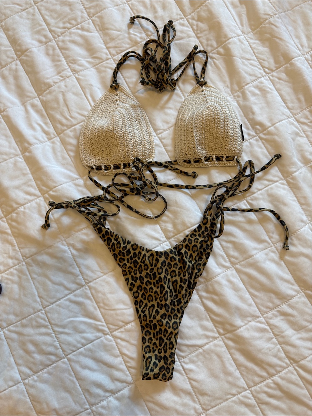 Mirtylla Crochet Triangle Bikini Top with Leopard Print Bottom Set